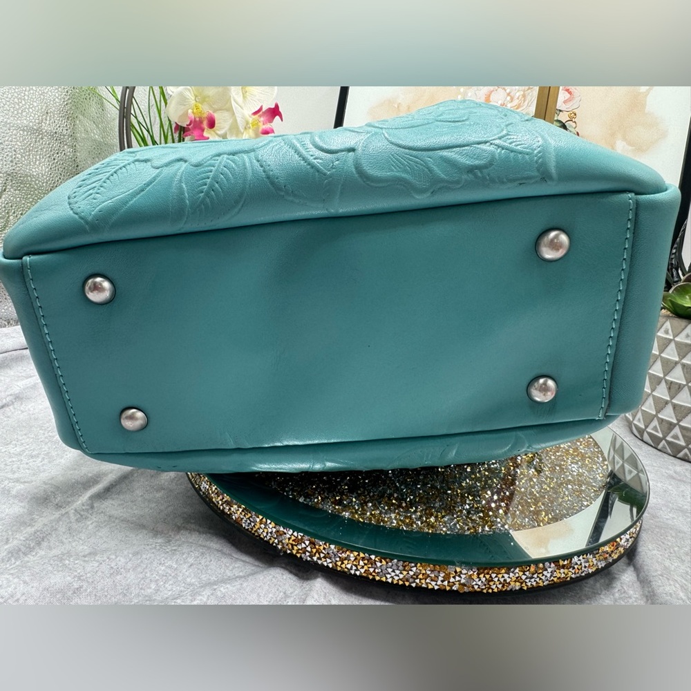 Patricia Nash Floral Embossed Italian Leather Satchel Shoulder Crossbody Teal - Picture 6 of 10